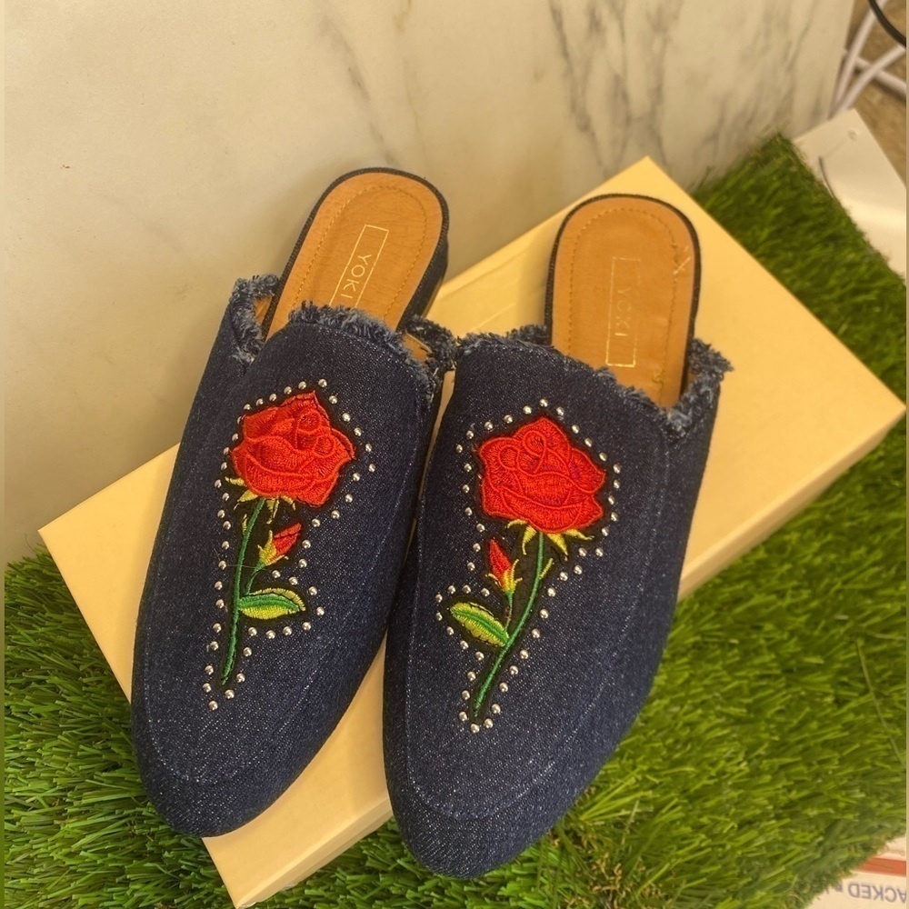 Yoki New In Box Willas-71 Rose Denim Round Toe Mule Embroidery Women’s Size 7.5 - Picture 3 of 4